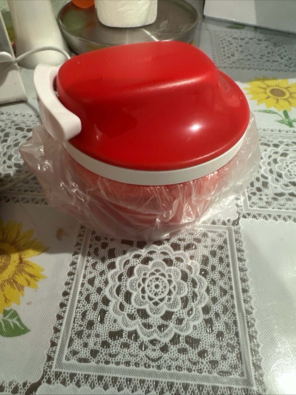 Tupperware Red Manual Food Chopper with White Handle